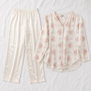 Vintage Kathryn Pajama‎ Set Small Satin Fleece Backed Lace Trim Silky PJs